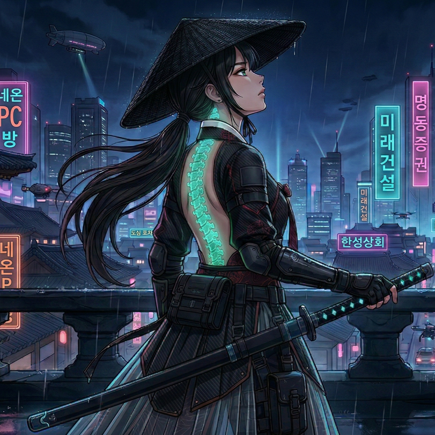 네온 불빛 아래 갓끈을 조이고