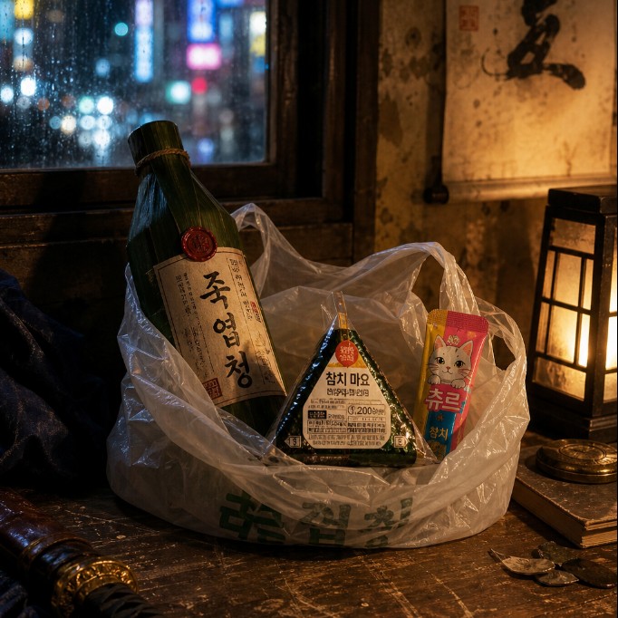 죽엽청 한병, 삼각김밥 하나, 그리고 츄르 한봉지