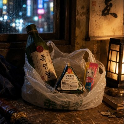 죽엽청 한병, 삼각김밥 하나, 그리고 츄르 한봉지